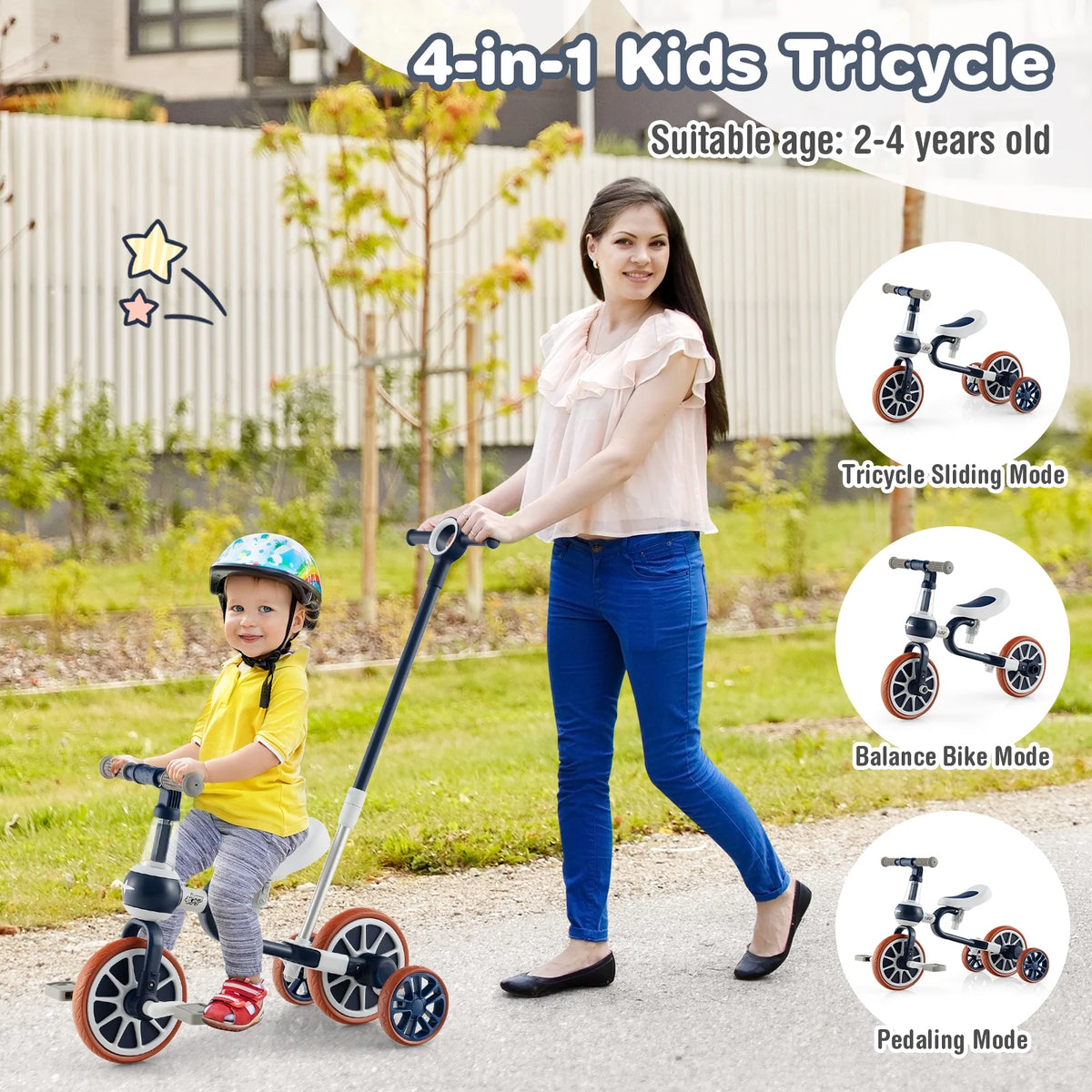 4 in 1 Kids Tricycles with Push Handle & Training Wheels N9608