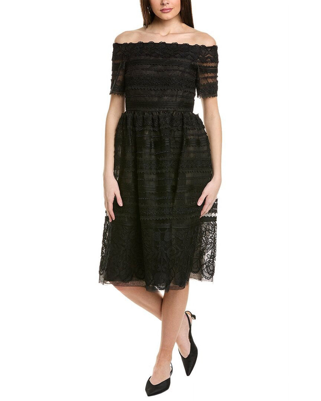 Black Lace Off-Shoulder Midi Dress D878