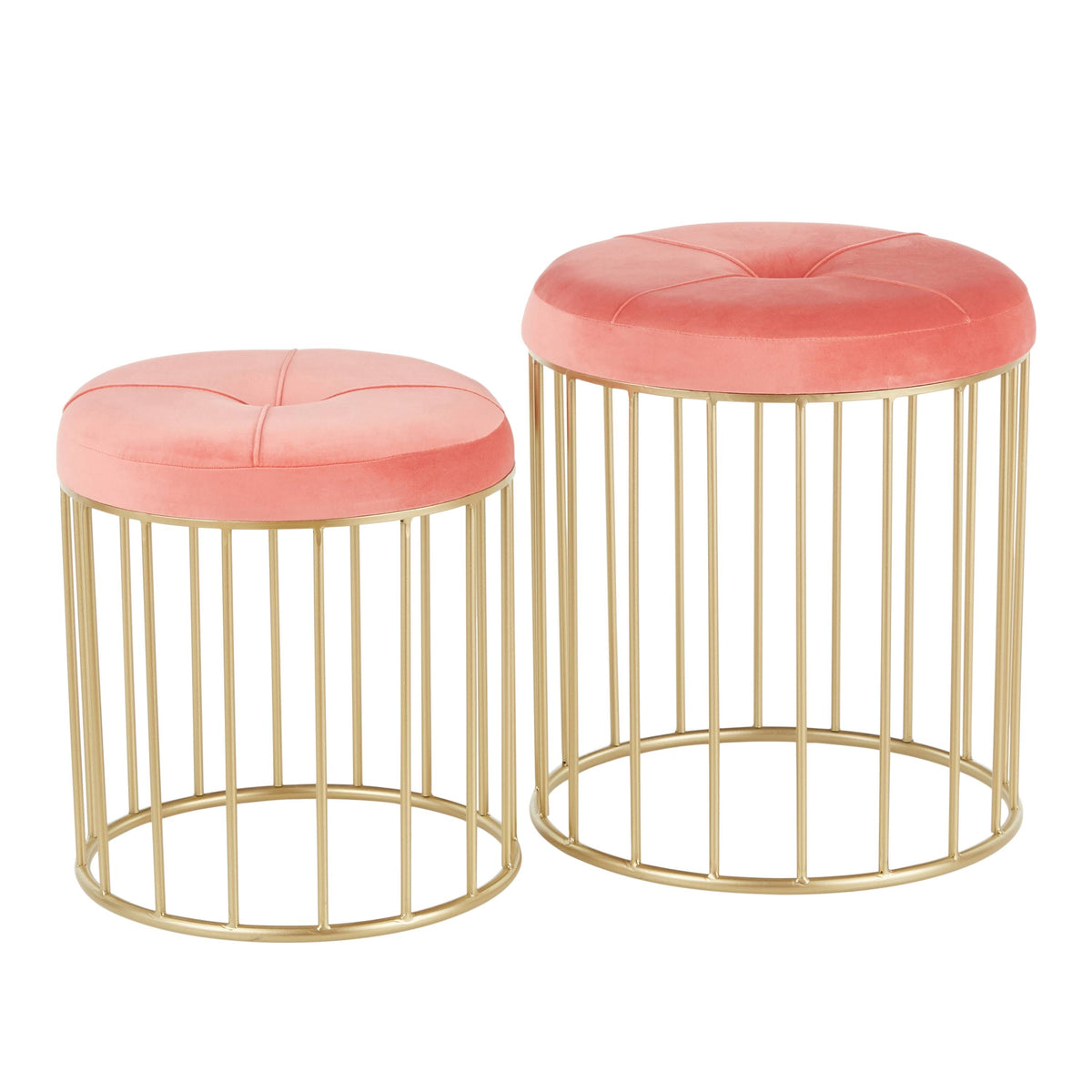 Gold Metal Pink Velvet Nesting Ottoman Set O49474