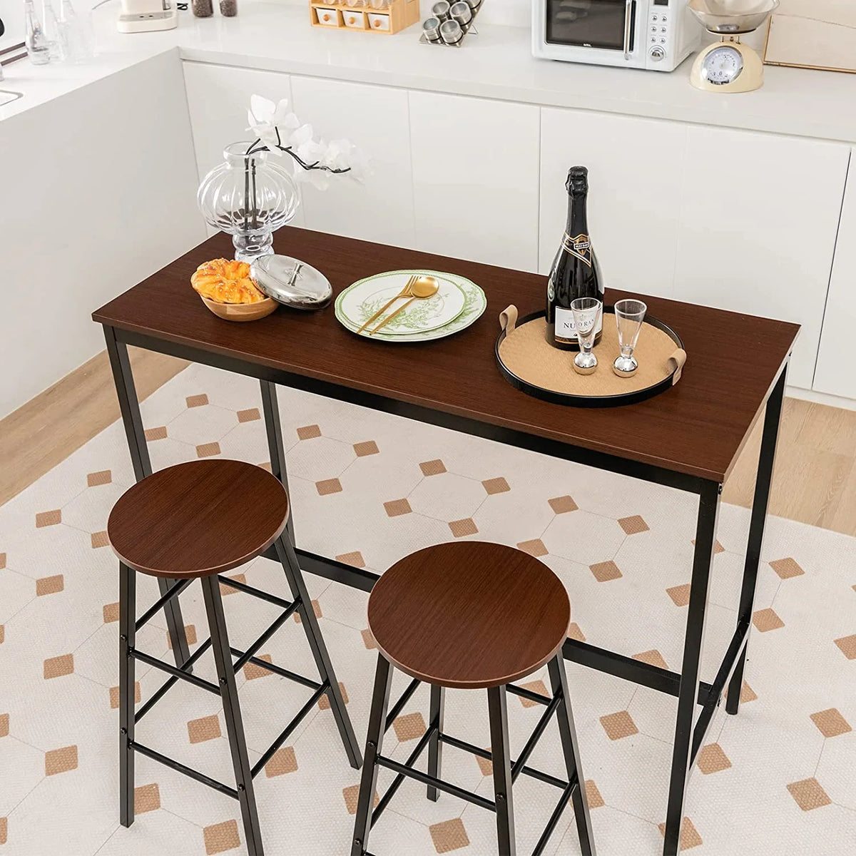 3-Piece Counter Height Table Set with 2 Round Stools Black E161