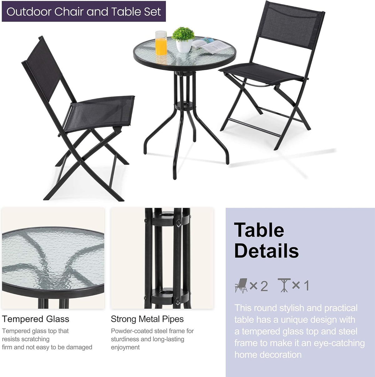 3 Piece Steel Textilene Folding Patio Bistro Set with Glass Table V850
