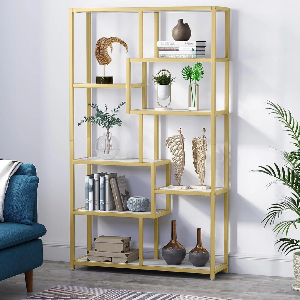 Modern 8-Open Shelf White Gold Bookcase Y99854