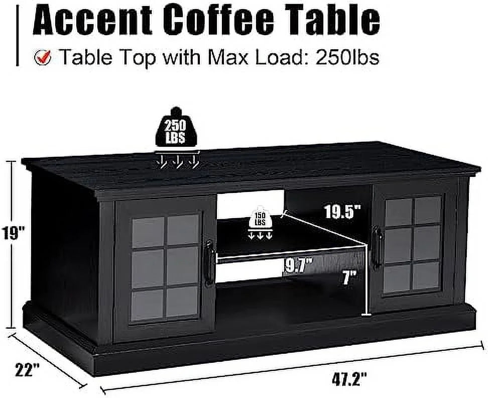 Farmhouse Coffee Table with Glass Door 47" Rustic 2 Shelves Black H468131