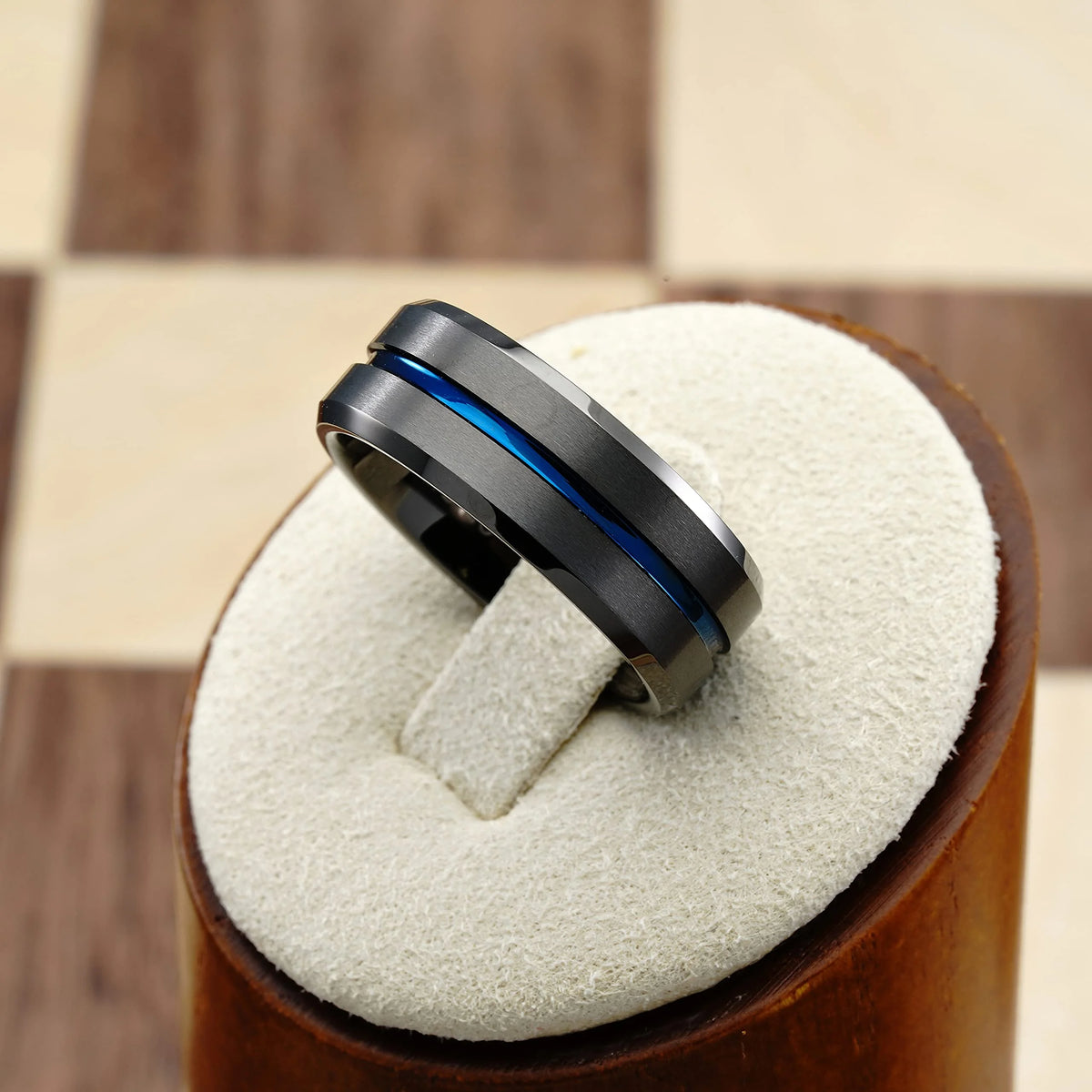Gunmetal Gray Tungsten Ring Blue Groove Line Wedding Band Size 6.5 O8161