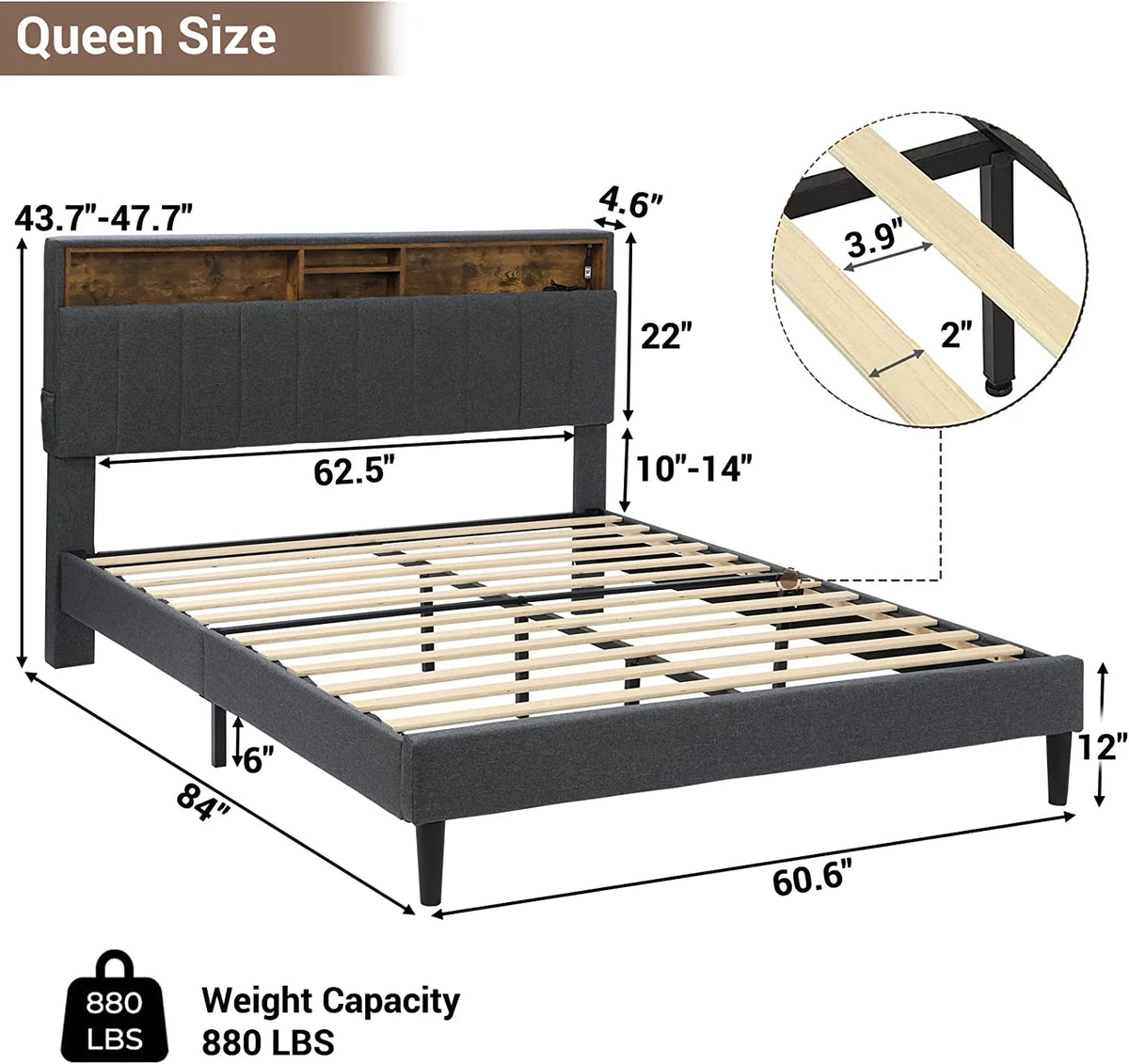 Queen Platform Bed Frame with LED Lights Headboard & USB Ports, Dark Grey V981