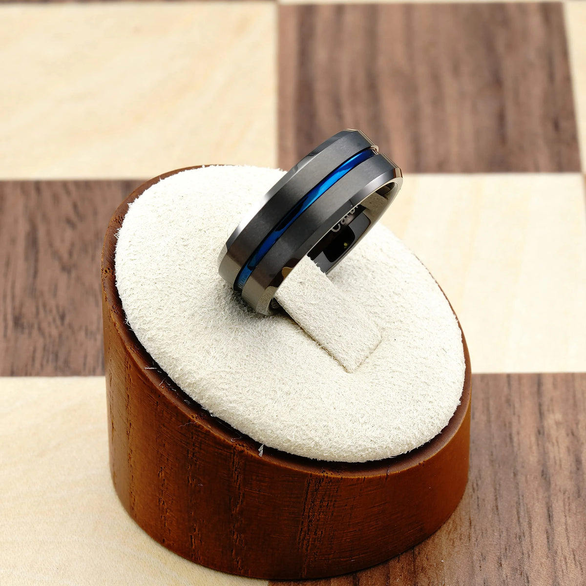 Gunmetal Gray Tungsten Ring Blue Groove Line Wedding Band Size 6.5 O8161