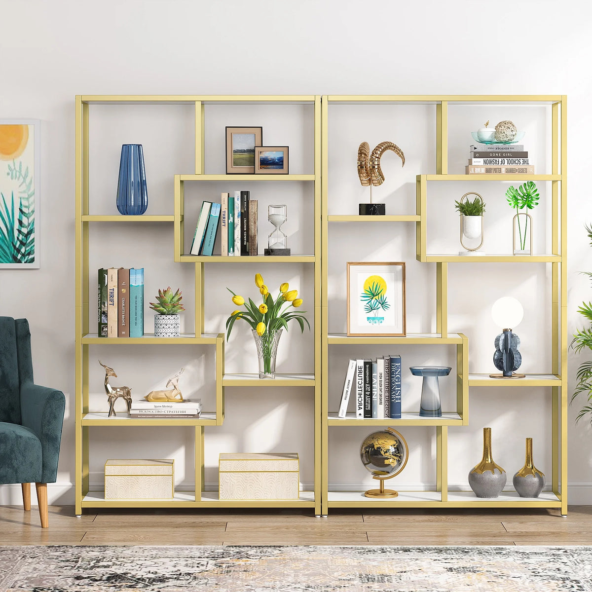 Modern 8-Open Shelf White Gold Bookcase Y99854