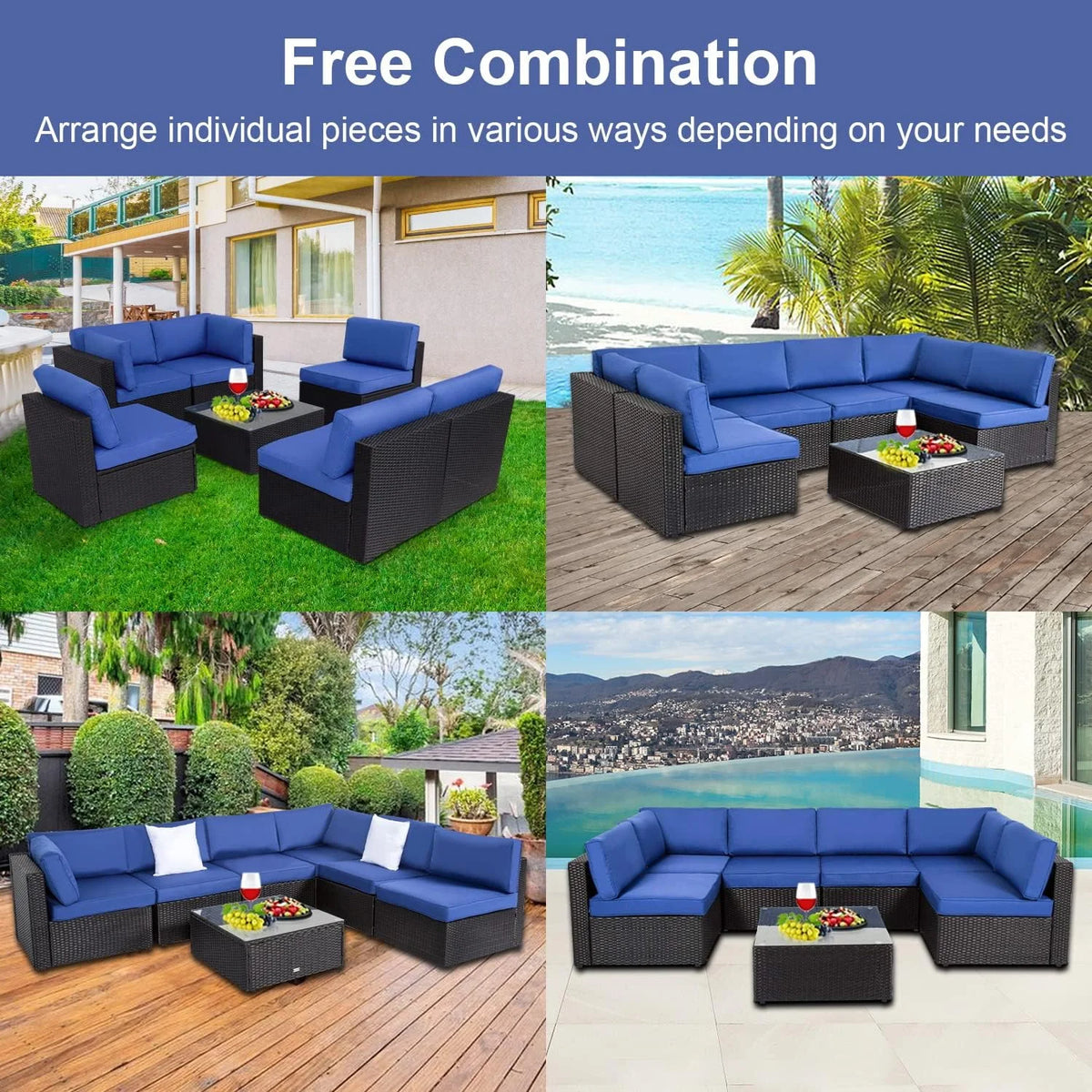 7 Pc Pe Rattan Wicker Sofa Sectional Set with Dark Blue Cushions E3646
