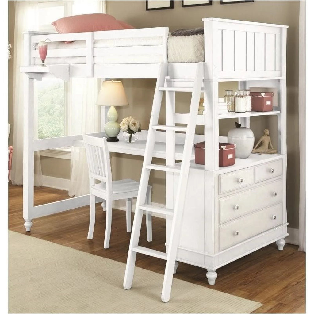 Twin Loft Bed with Desk and Shelf in White N171