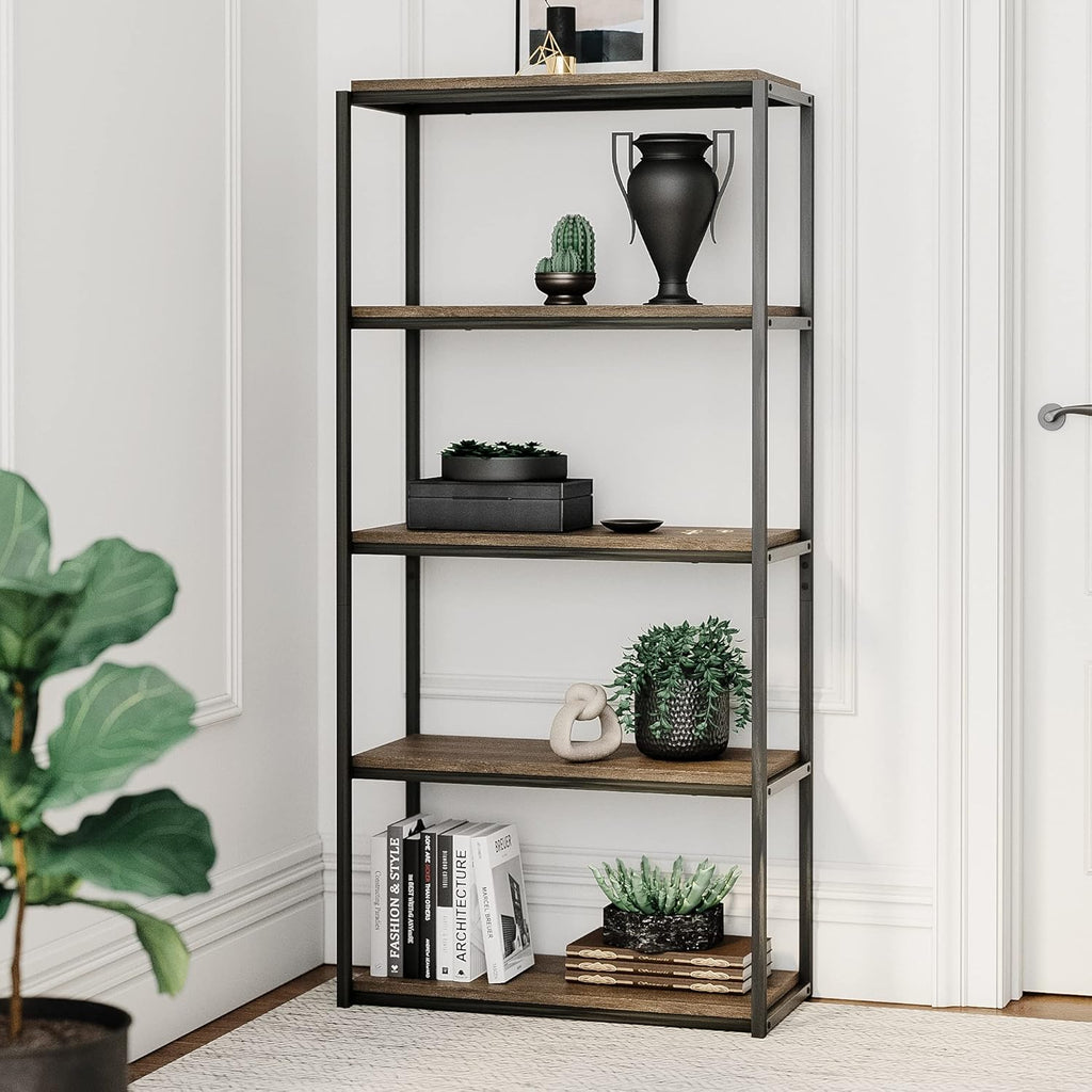 5-Shelf Bookcase with Metal Frame and Wood Shelves, Nutmeg/Black H952946