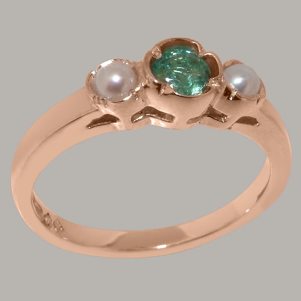 9k Rose Gold Emerald Cultured Pearl Ring I3220