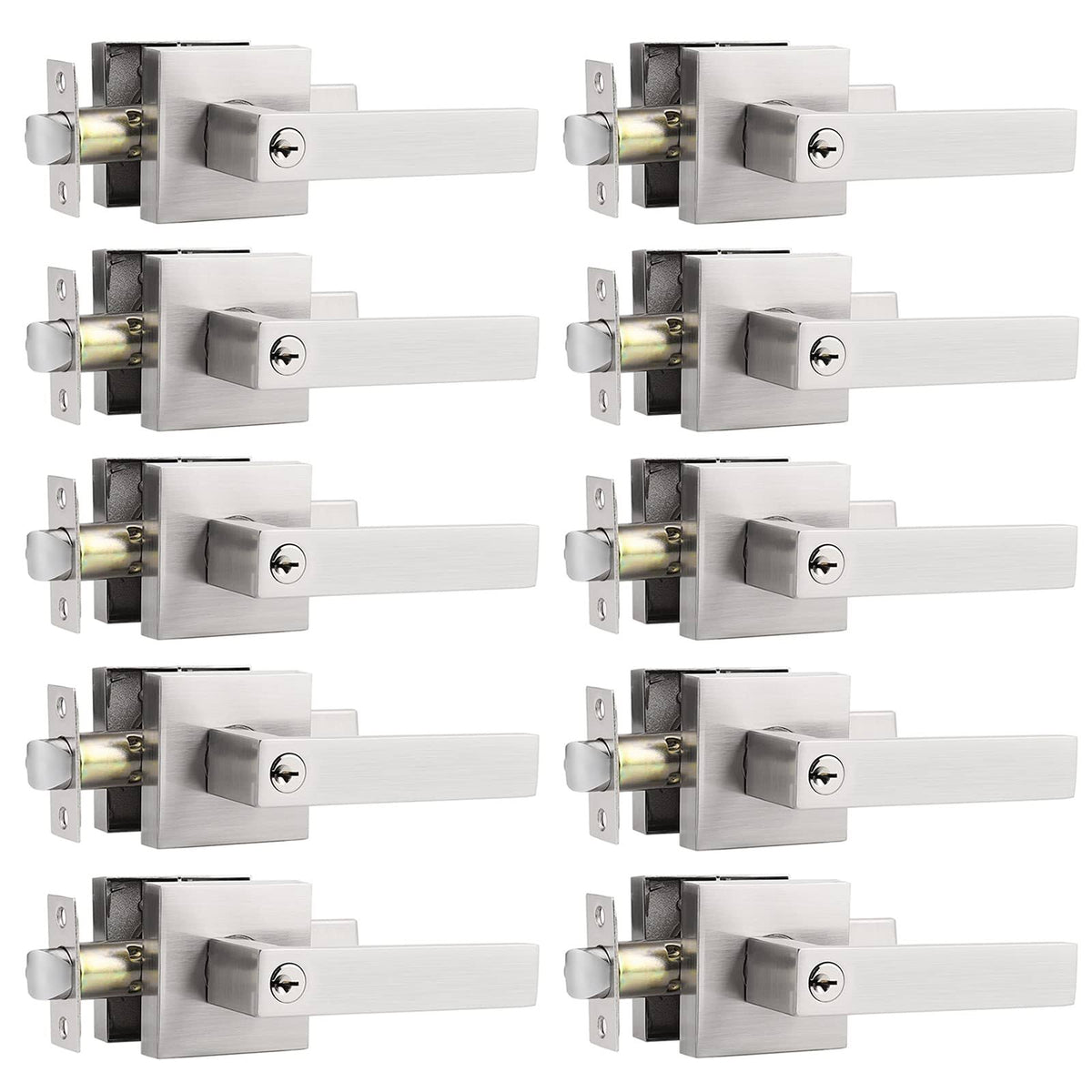 Square Door Levers in Satin Nickel Finish, Keyed Locks O281492