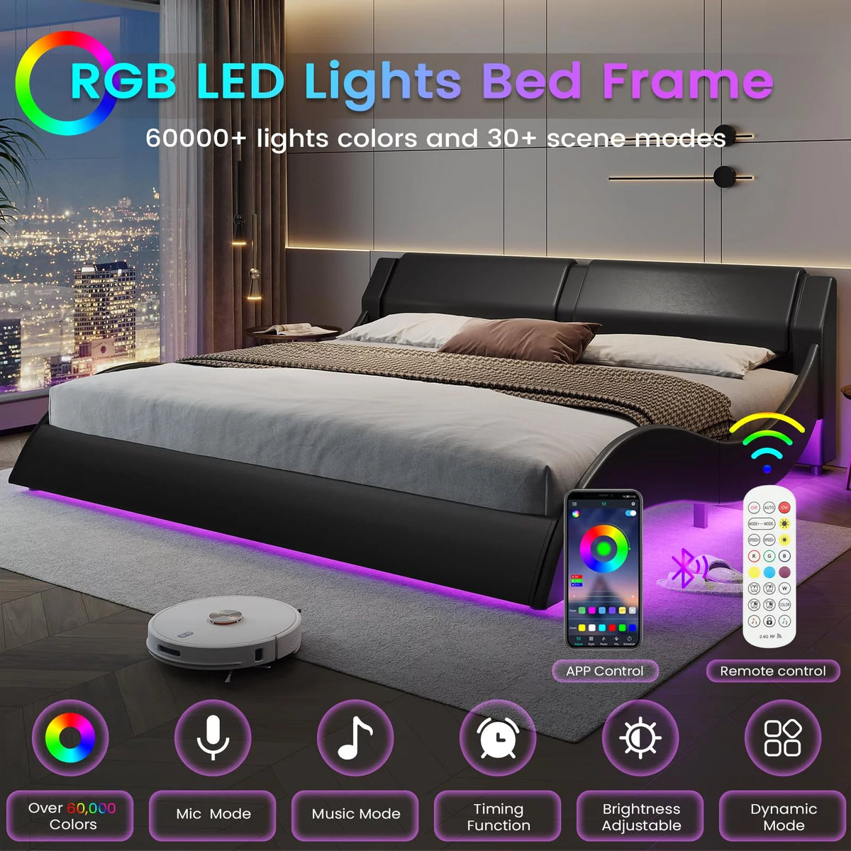 King Size Faux Leather Platform Bed Frame with Headboard and LED Lights G888893