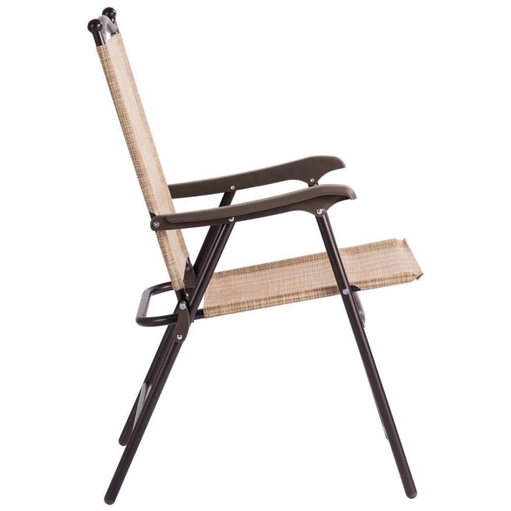 2-Pieces Beige Steel Frame Patio Folding Sling Back Camping Deck Chairs P205448
