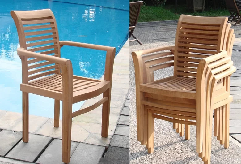 3 Pc Teak Dining Set with Side Table and 2 Stacking Arm Chairs W9128