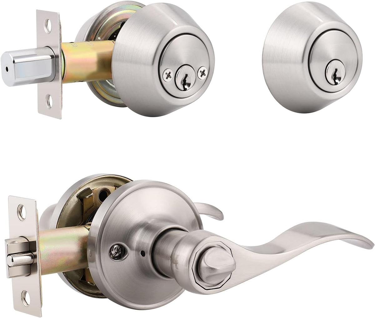 4 Pack Keyed Alike Front Door Entry Lever Lockset and Single Cylinder Deadbolt Combination Set, Satin Nickel G725419