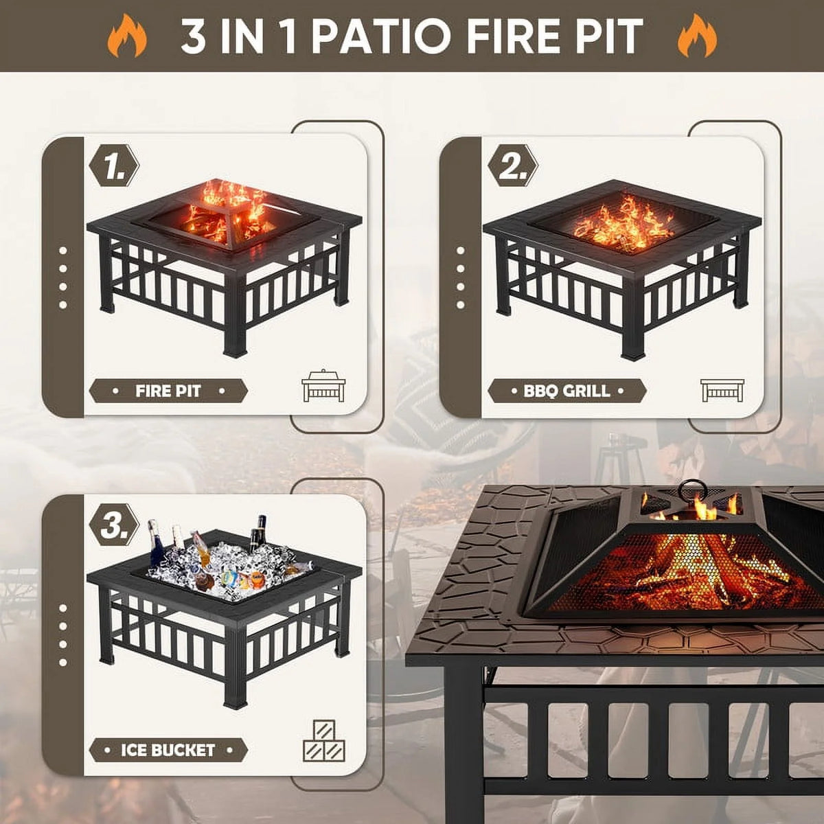 32 Multifunctional Square Metal Fire Pit Table Q602164