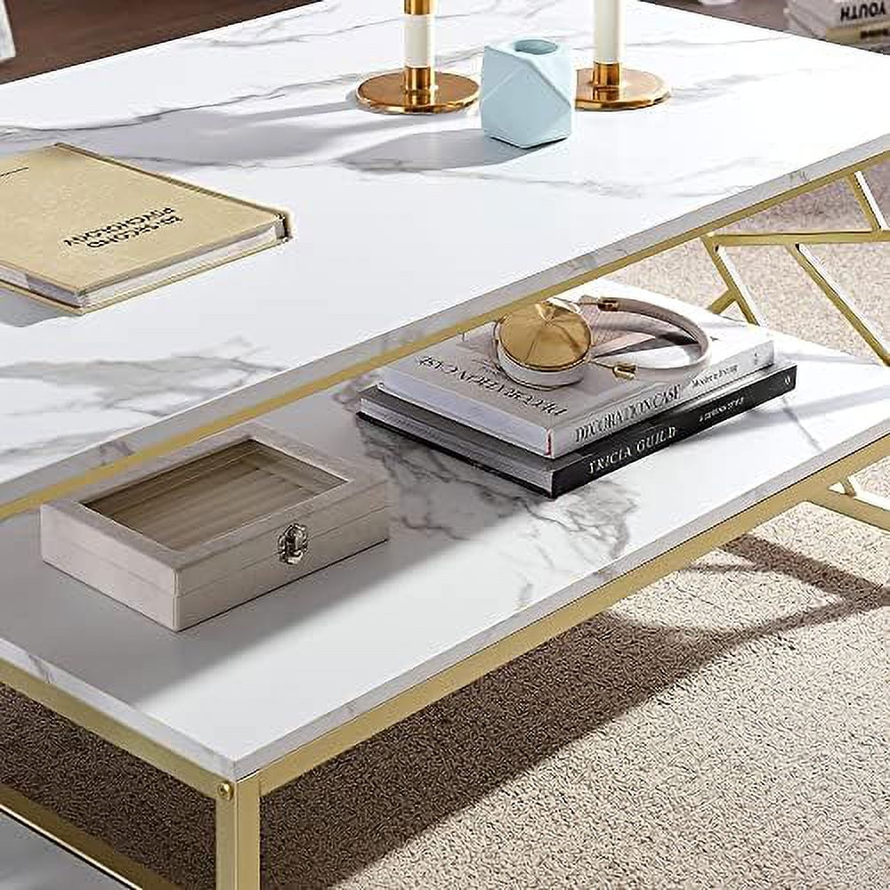 Marble Gold Mid Century Modern Rectangle Coffee Table with Shelf Q525