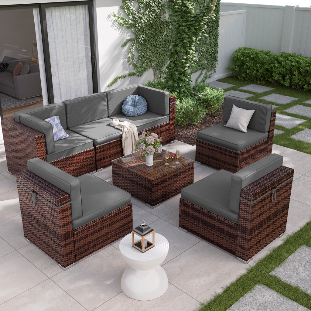 7 Pieces PE Rattan Wicker Patio Furniture Set with Glass Table N859