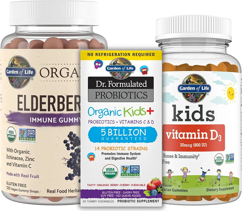 Elderberry Echinacea Zinc Gummies 120 Count Kids Probiotics Berry Cherry 30ct Kids Vitamin D3 Orange Gummies 60ct Y2907