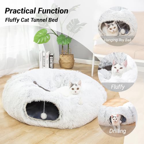 White Plush Collapsible Cat Dog Tunnel Bed L277
