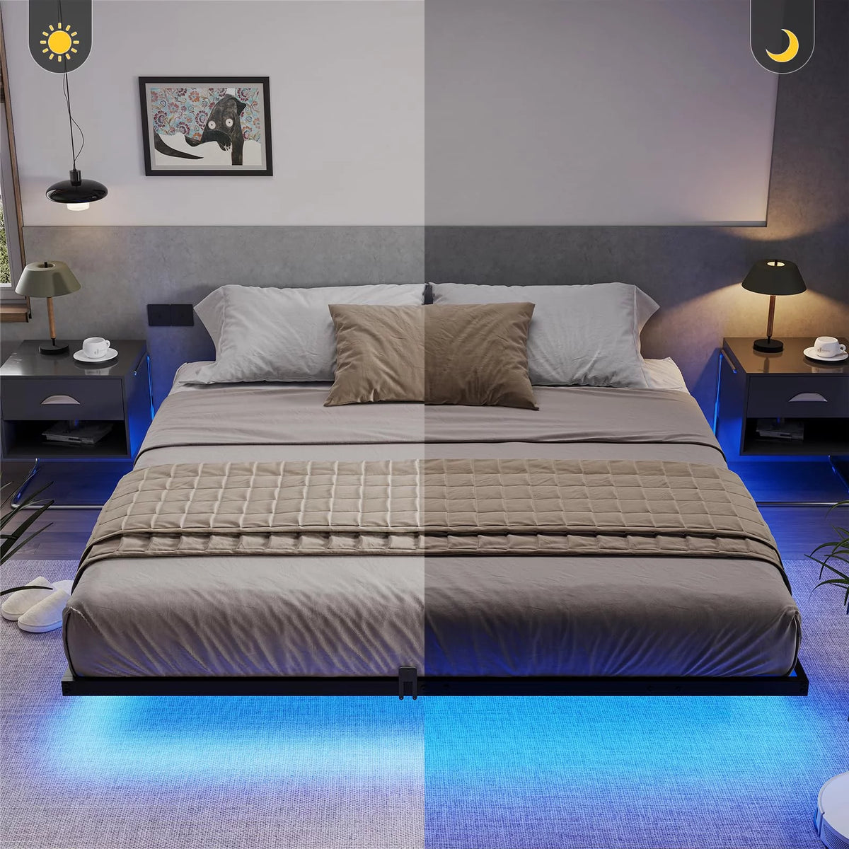 Queen Size Black Metal Platform Bed Frame with LED Lights E622