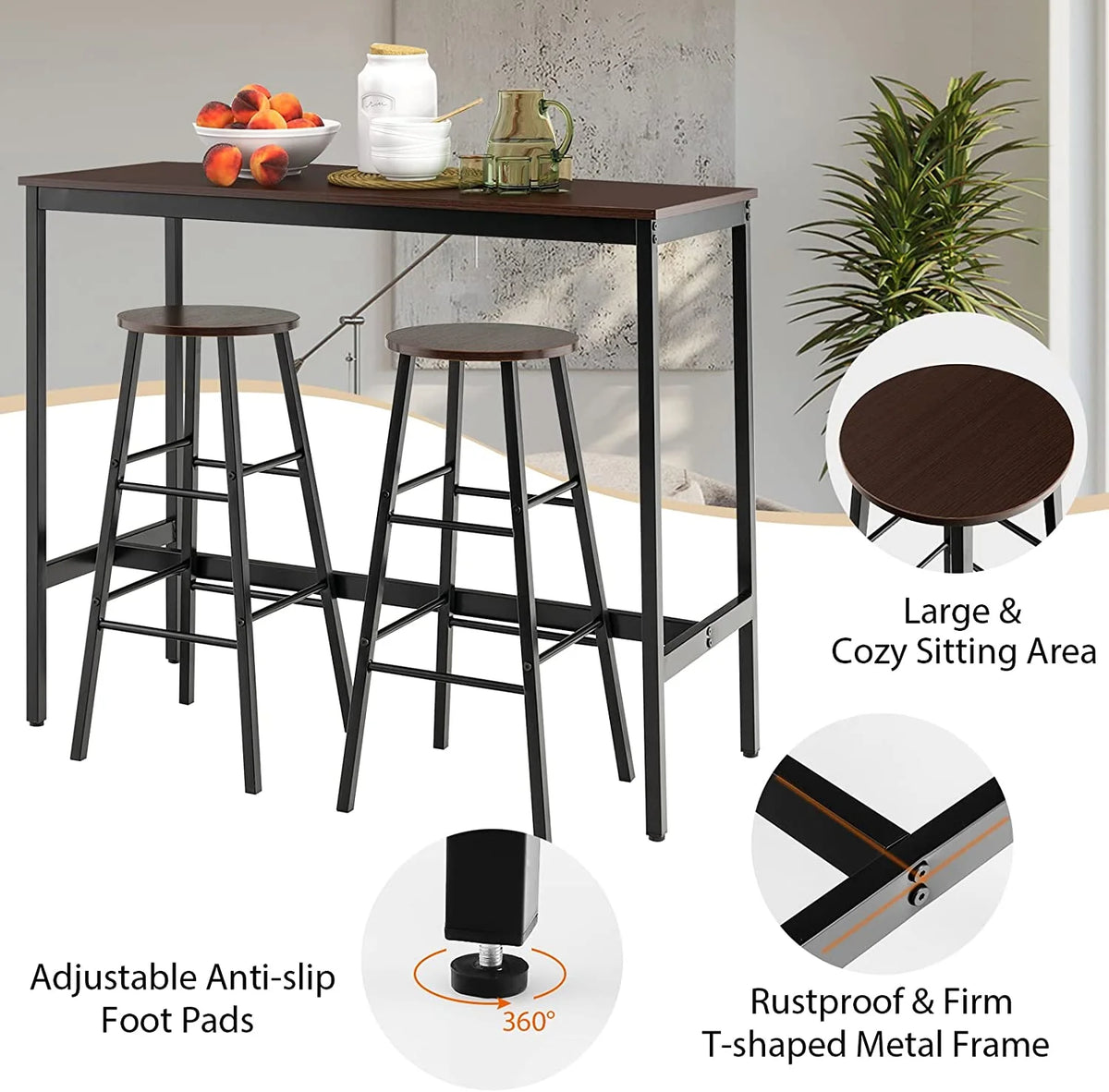 3-Piece Counter Height Table Set with 2 Round Stools Black E161
