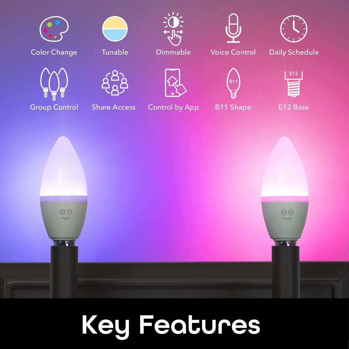 Wi-Fi LED Smart Bulb, 4W, E12 Base, Tunable and Dimmable RGB Bulb (4 Pack) C58860