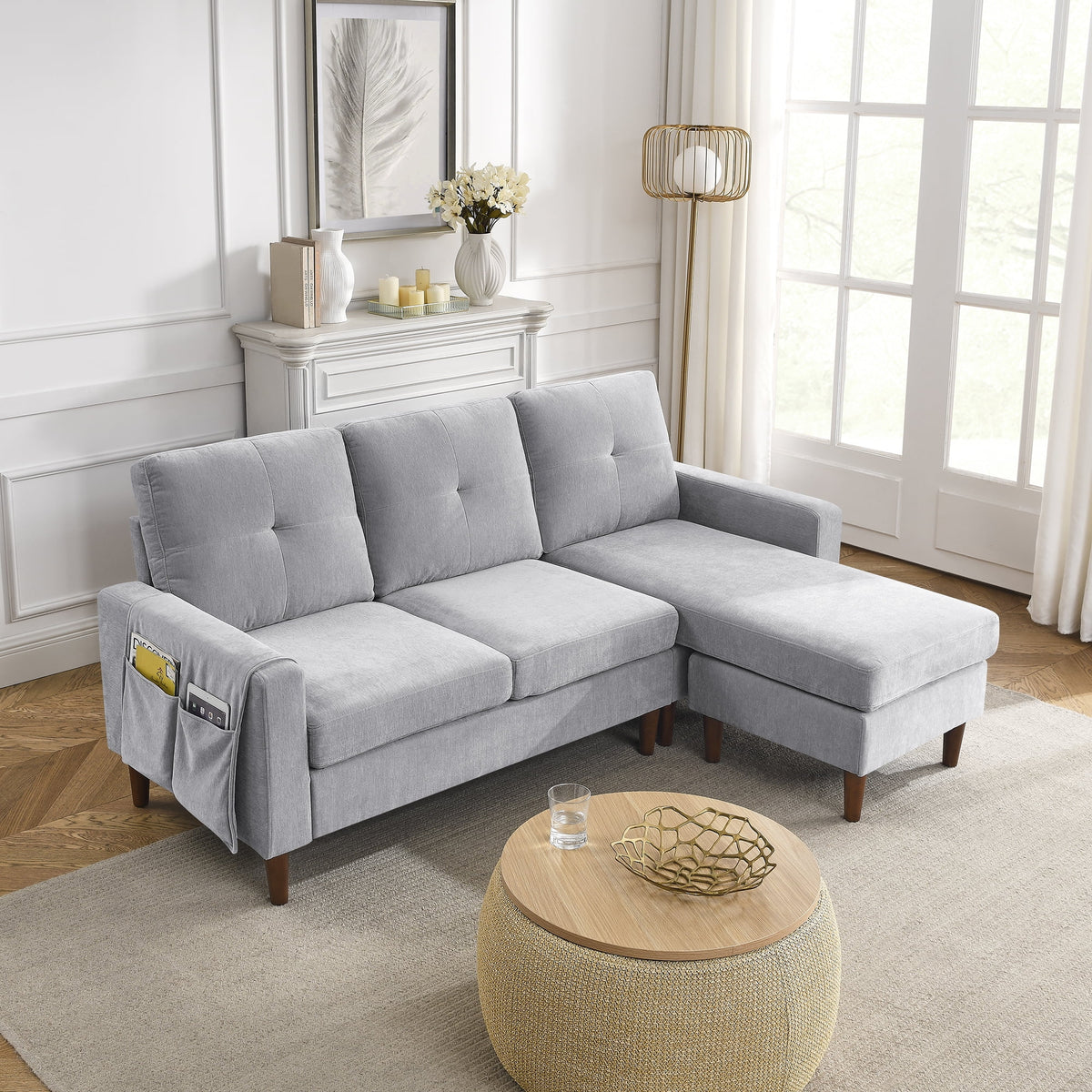 Light Grey Chenille Convertible Sectional Sofa S9051