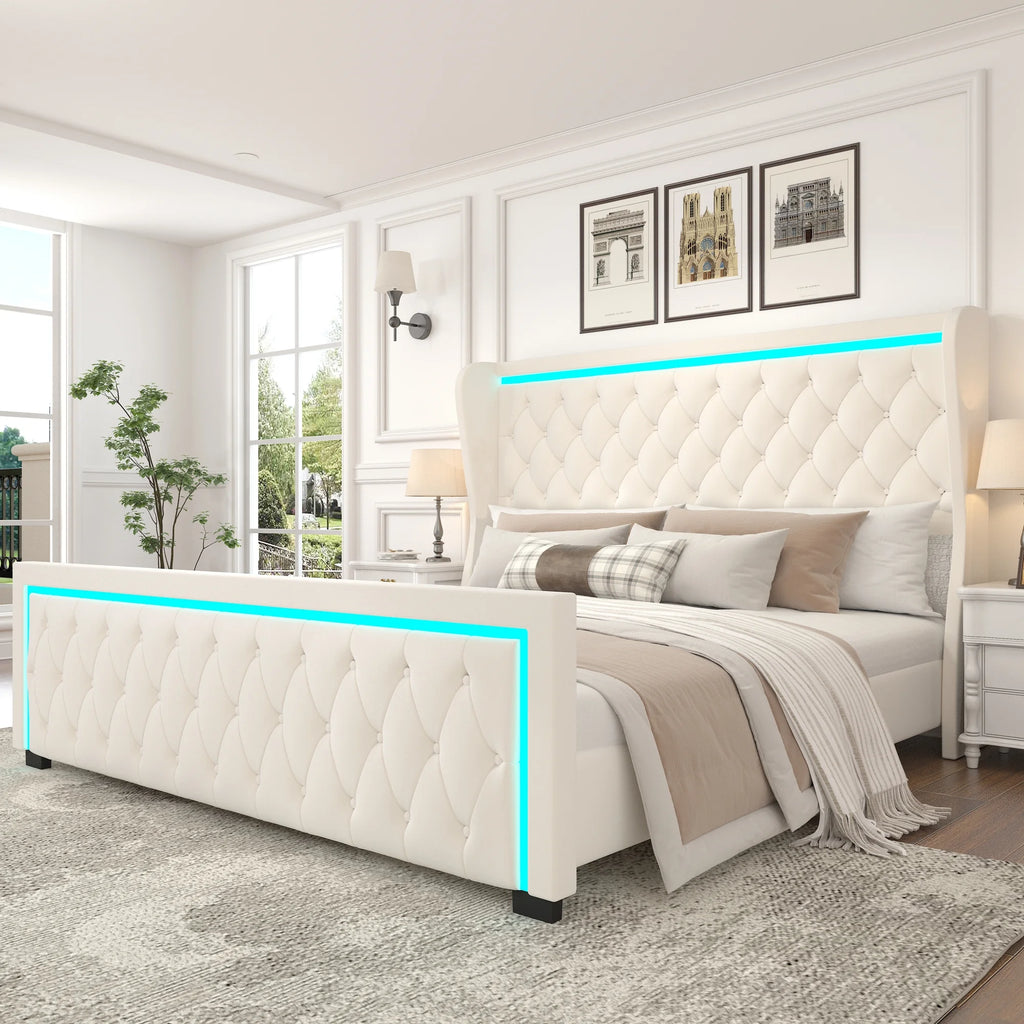 Queen Velvet Upholstered Platform Bed Frame with Headboard V136