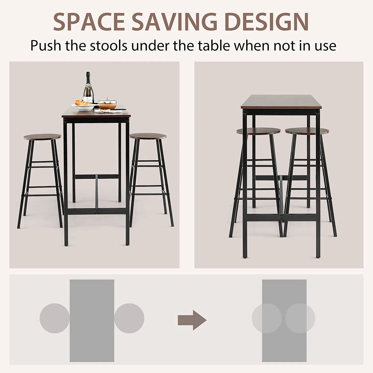 3-Piece Counter Height Table Set with 2 Round Stools Black E161