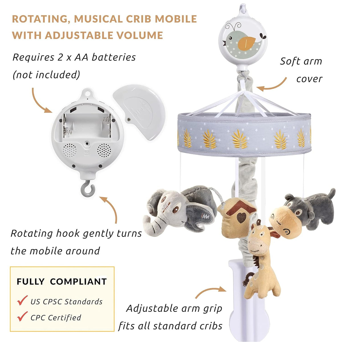 Gray Tan Jungle Animal Baby Crib Mobile W7355