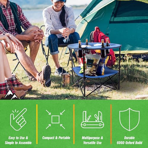 Round 2-Tier Folding Camp Table with 4 Cupholders and Carrying Bag M79204