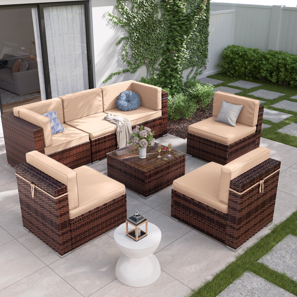 7 Pieces PE Rattan Wicker Patio Furniture Set with Glass Table N859