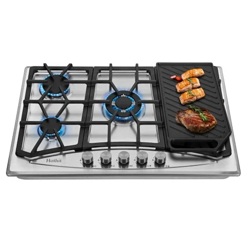 30" 5 Burner Built-in Stainless Steel Gas Cooktop with Griddle B30446