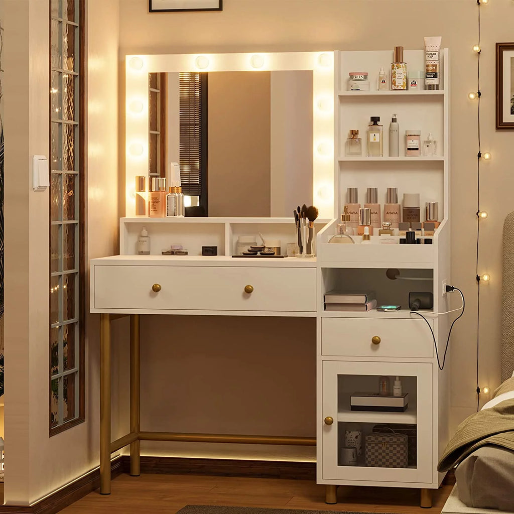 White Vanity Desk with Mirror and Lights E3705