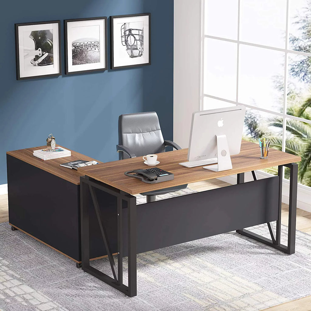 L-Shaped Computer Desk with File Cabinet and Storage Shelves V310