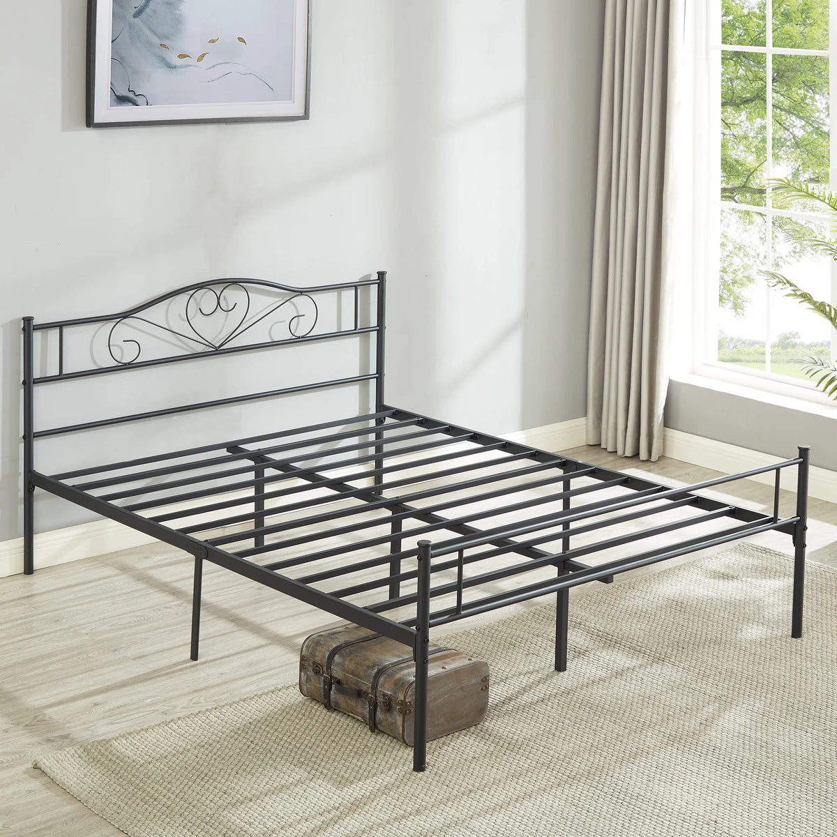 Queen Size Black Metal Platform Bed Frame with Headboard J277024