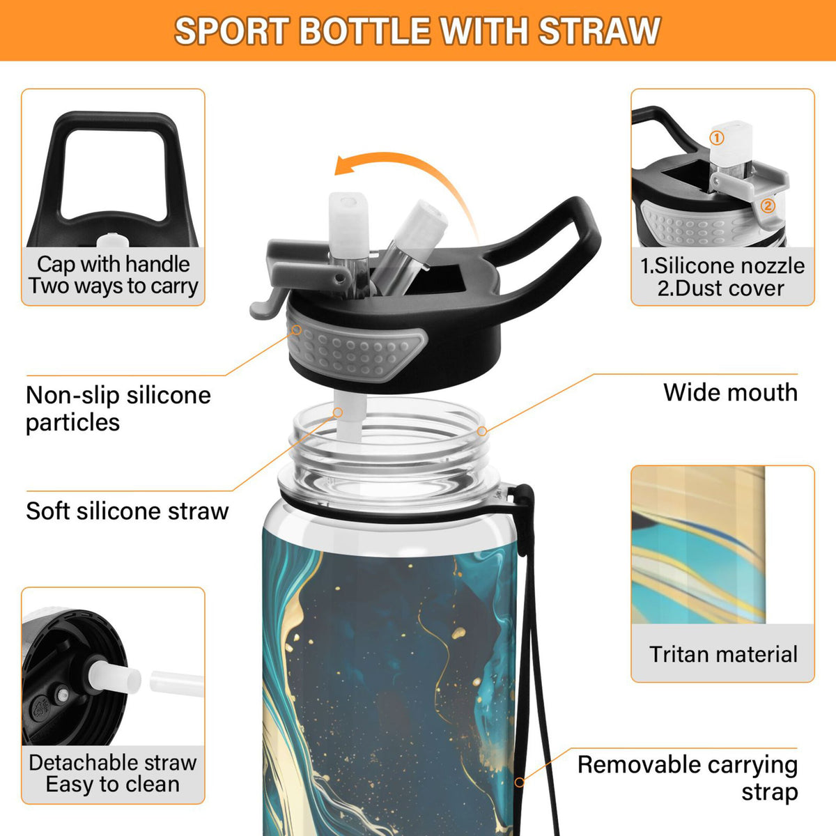 Green Marble and Golden 32oz Tritan Leakproof Sports Bottle with Straw T334105