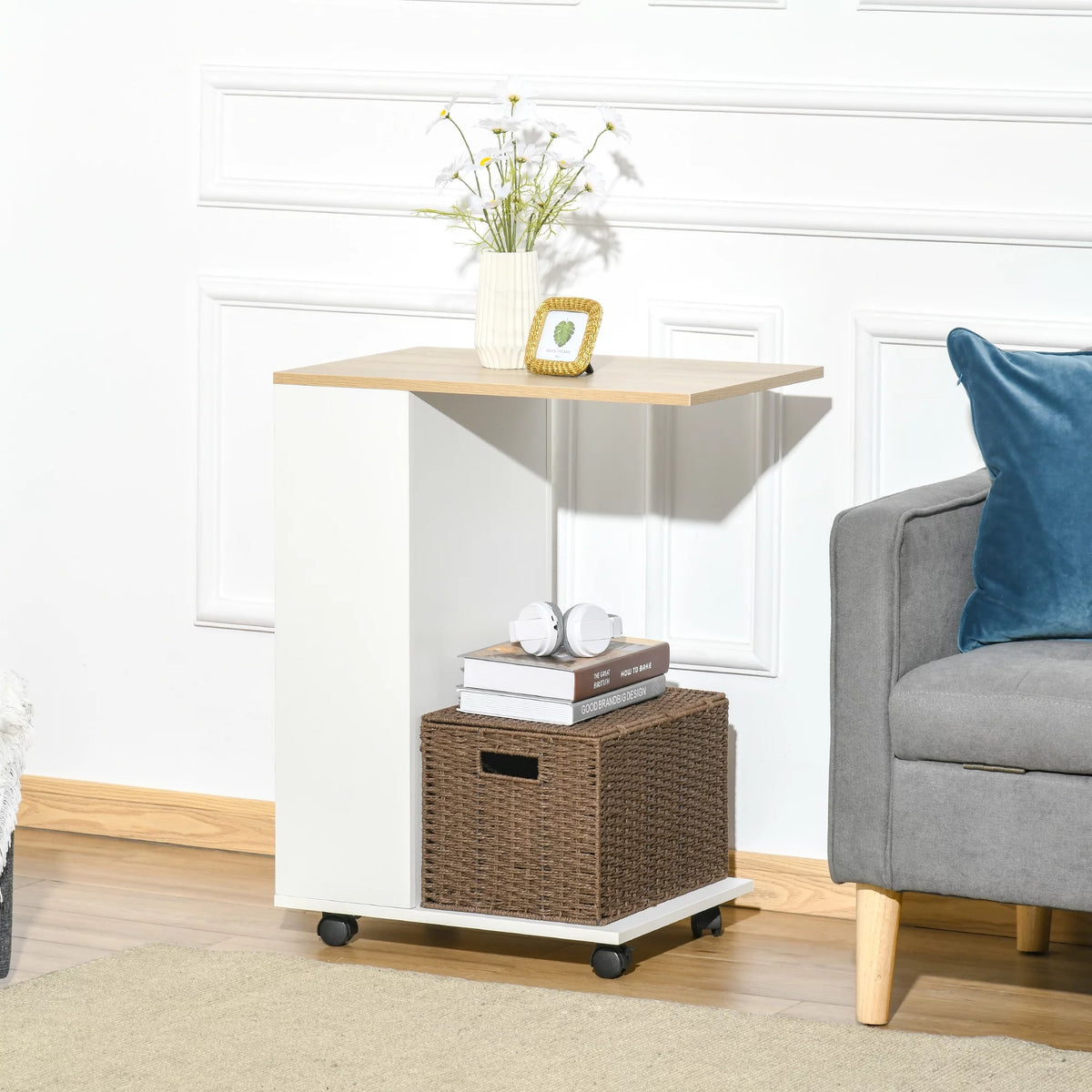 C-Shaped Sofa Side Table with Storage and Wheels I55770