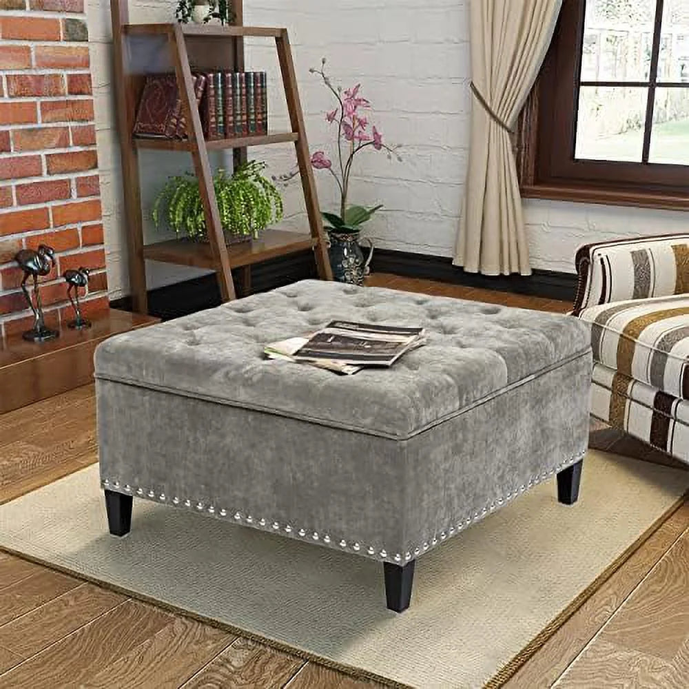 Square Upholstered Tufted Ottoman with Nailhead Trim C196