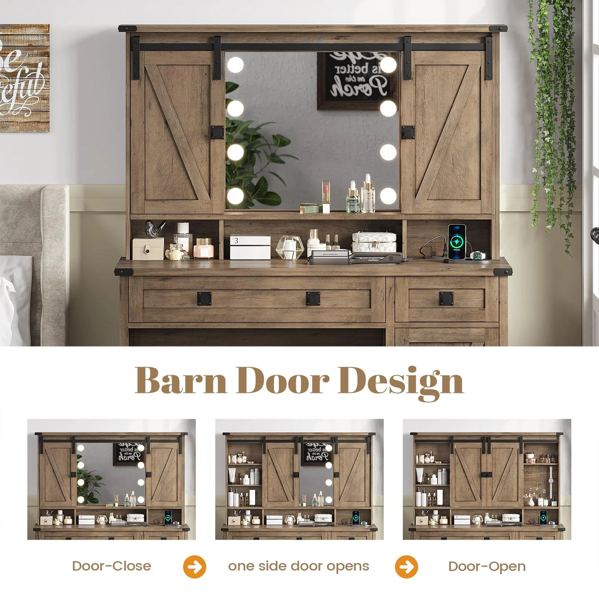 Brown Vanity Table with Charging Station and Lights Mirror V975
