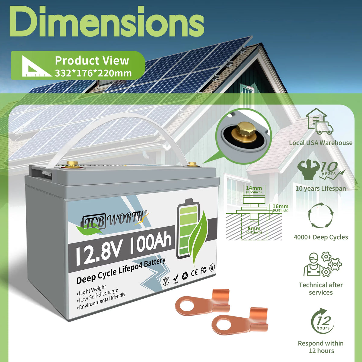 12V 100Ah LiFePO4 Lithium Battery with 100A BMS D51129