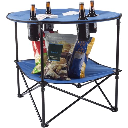 Round 2-Tier Folding Camp Table with 4 Cupholders and Carrying Bag M79204