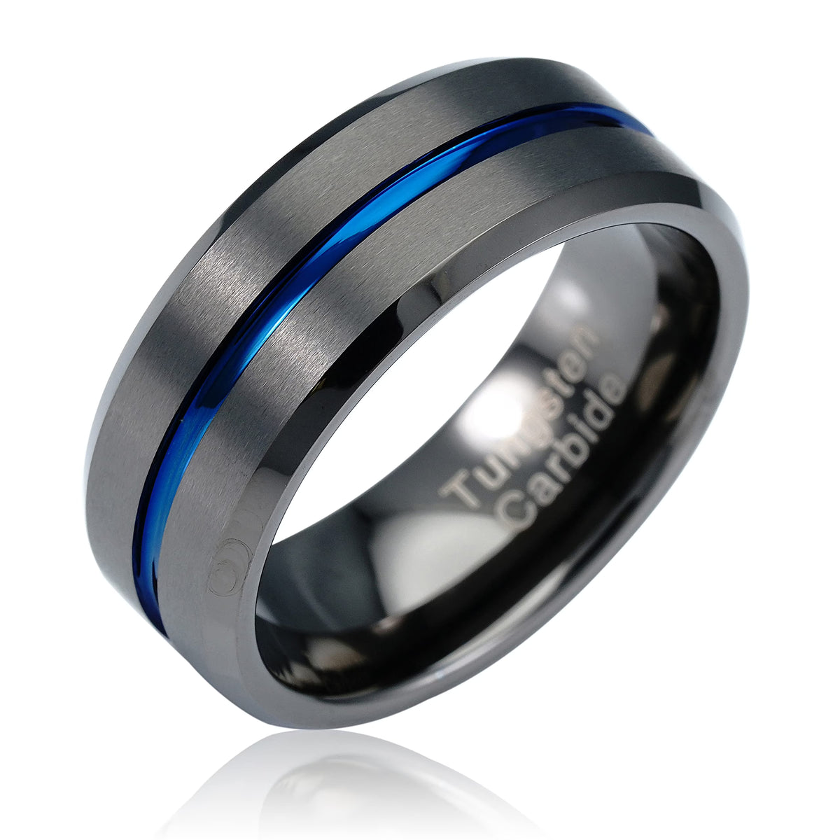 Gunmetal Gray Tungsten Ring Blue Groove Line Wedding Band Size 6.5 O8161