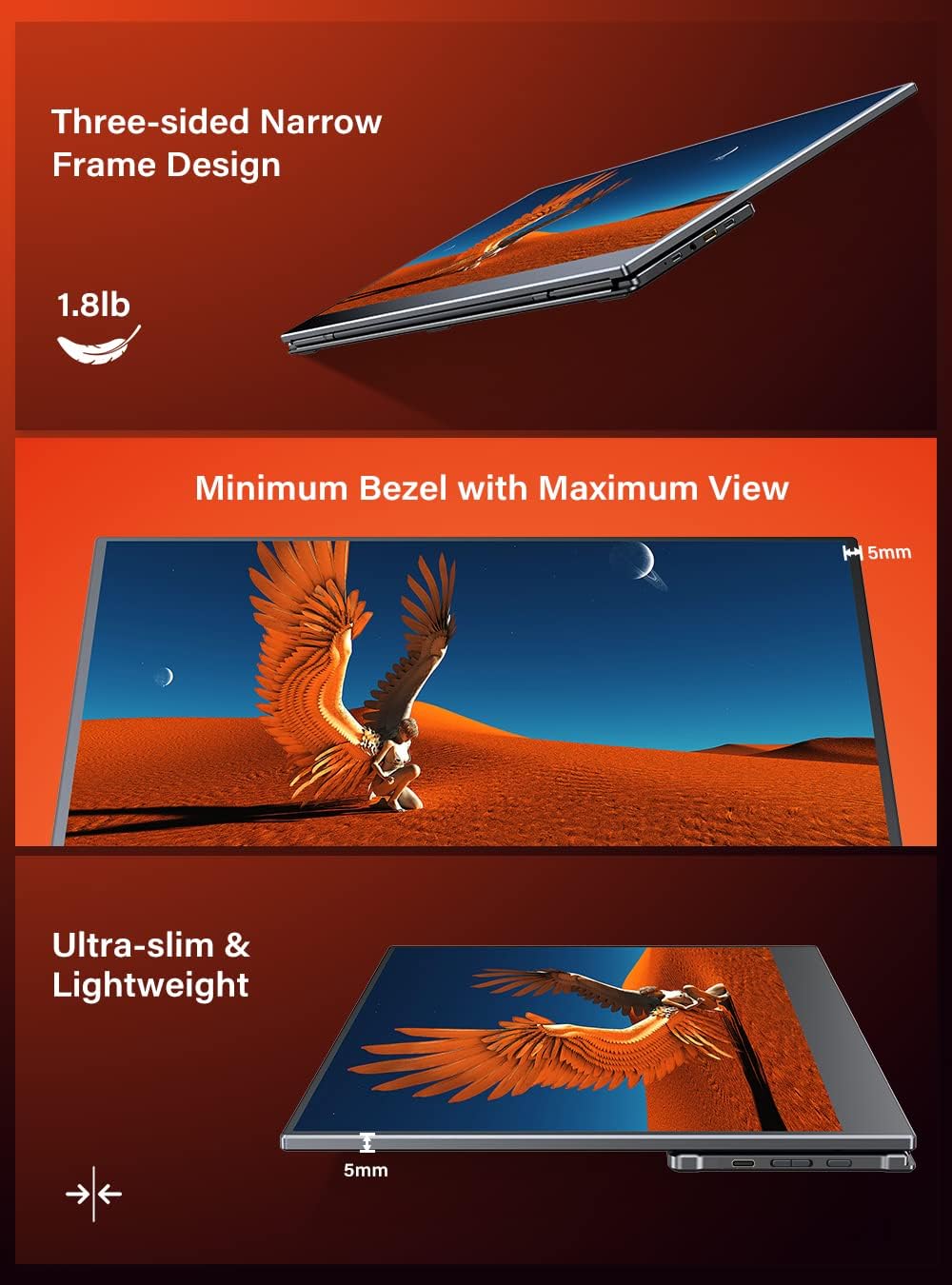 Portable Monitor Matte 15.6 FHD 1080P USB-C HDMI HDR FreeSync 2 Speakers Frameless Bezel C79458