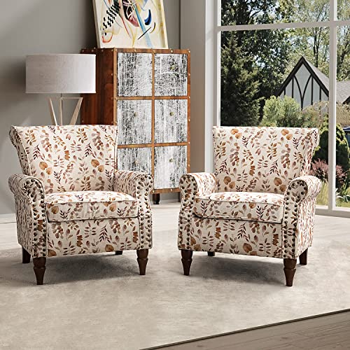 Blue Floral Pattern Upholstered Accent Chair with Wood Legs O211
