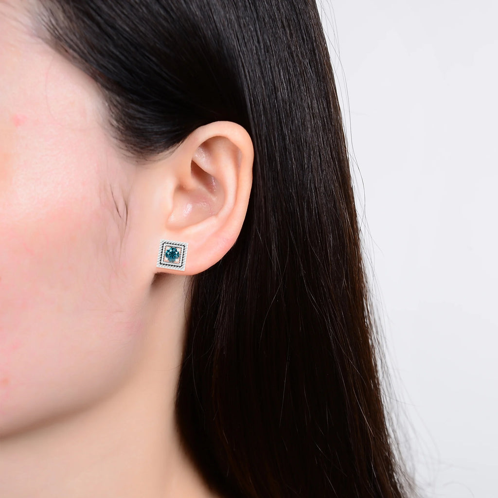 Sterling Silver Stud Earrings with Natural Blue Diamond C36770