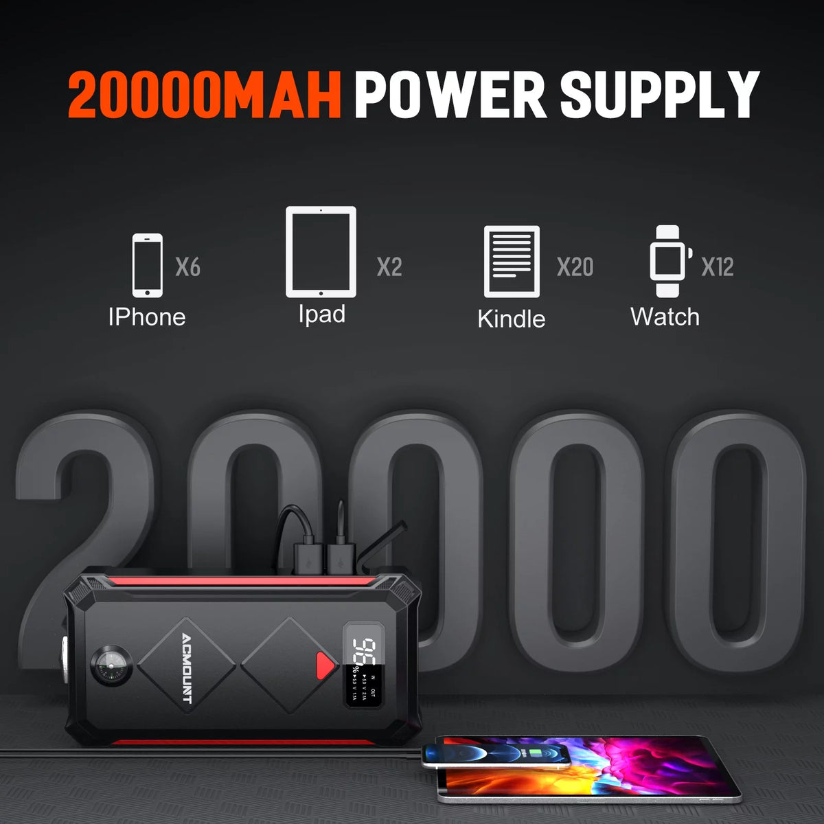2000A 12V Portable Battery Jump Starter Box with LED Screen M7722
