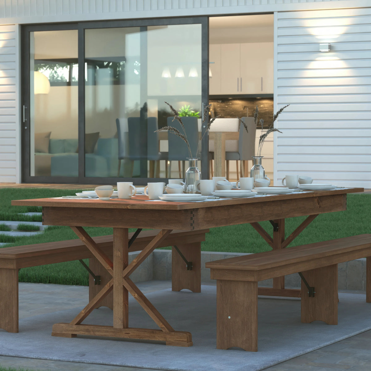 Rectangular Solid Pine Folding Farm Table with Crisscross Legs D28600